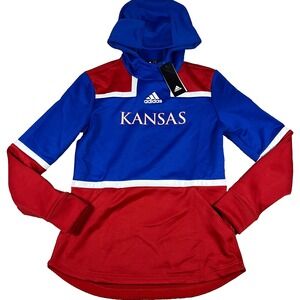 Adidas Womens Small Blue Red Kansas Jayhawks KU Aeroready Hoodie Sweatshirt NWT